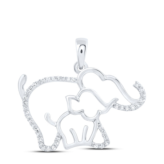 0.15 Ctw Natural Diamond Mother Child Elephant Pendant in 10k White Gold