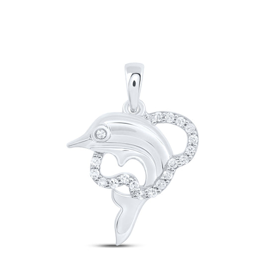0.1 Ctw Natural Diamond Dolphin Heart Gift Pendant in 10k White Gold