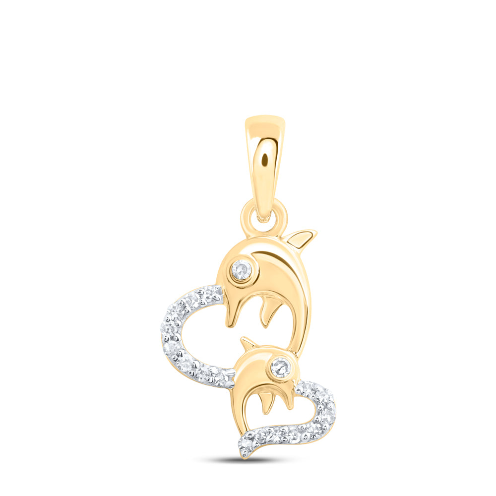 0.09 Ctw Natural Diamond Double Heart Dolphin Pendant in 10k Yellow Gold