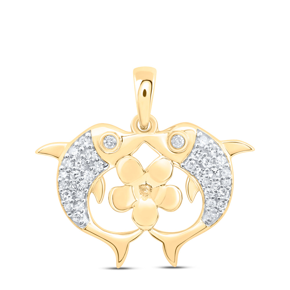 0.15 Ctw Natural Diamond Heart Shape Dolphin Kiss Flower Pendant in 10k Yellow Gold