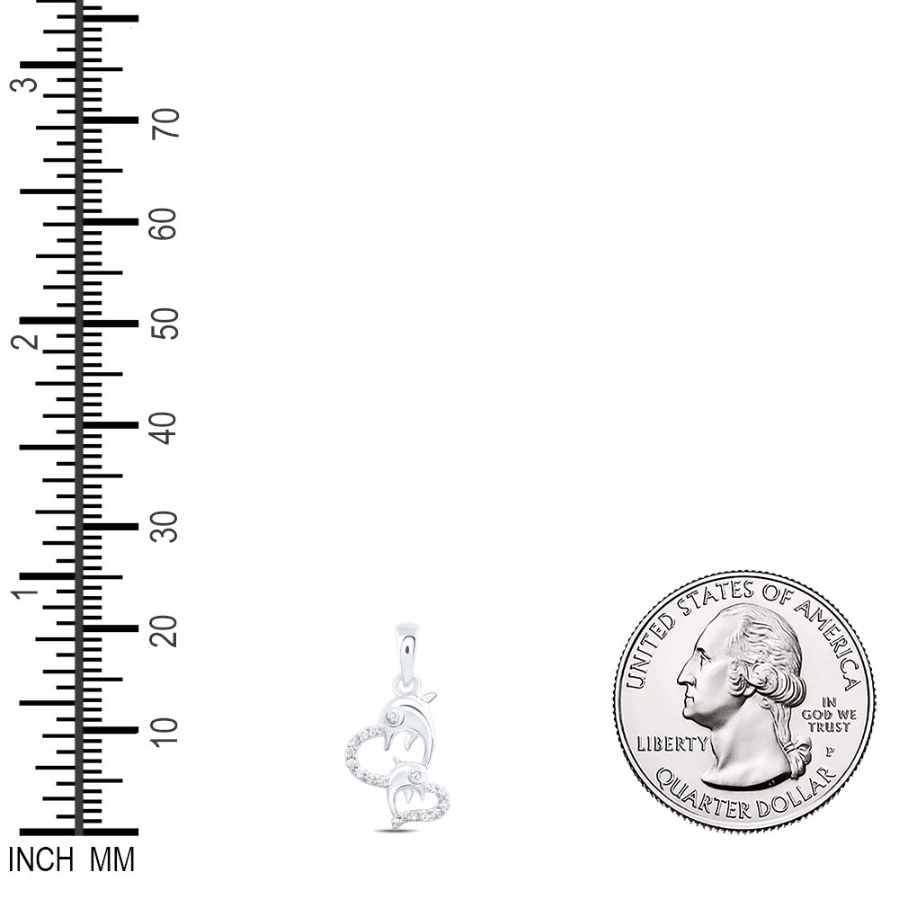 0.09 Ctw Natural Diamond Double Heart Dolphin Pendant in 10k White Gold