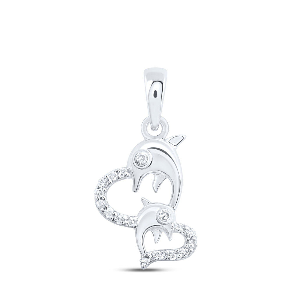 0.09 Ctw Natural Diamond Double Heart Dolphin Pendant in 10k White Gold