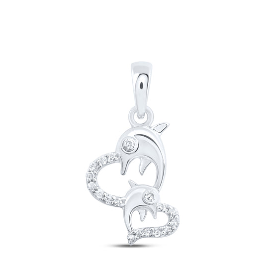 0.09 Ctw Natural Diamond Double Heart Dolphin Pendant in 10k White Gold