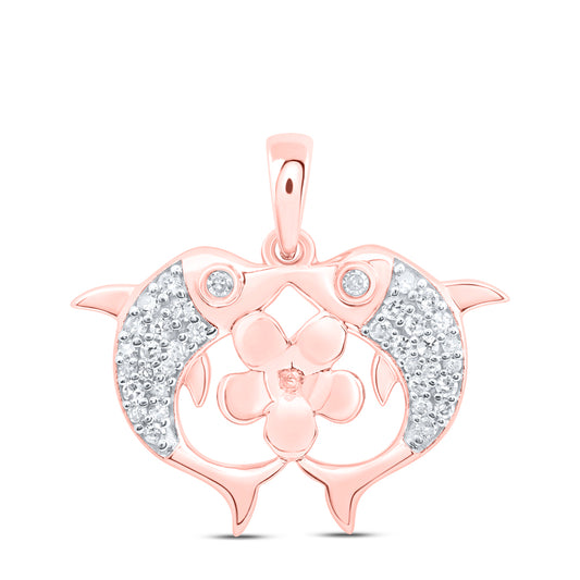 0.15 Ctw Natural Diamond Heart Shape Dolphin Kiss Flower Pendant in 10k Rose Gold
