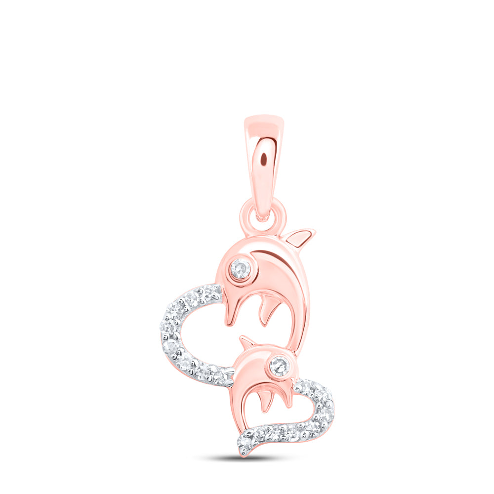 0.09 Ctw Natural Diamond Double Heart Dolphin Pendant in 10k Rose Gold