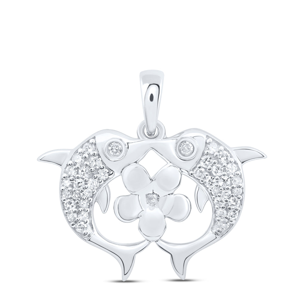 0.15 Ctw Natural Diamond Heart Shape Dolphin Kiss Flower Pendant in 10k White Gold