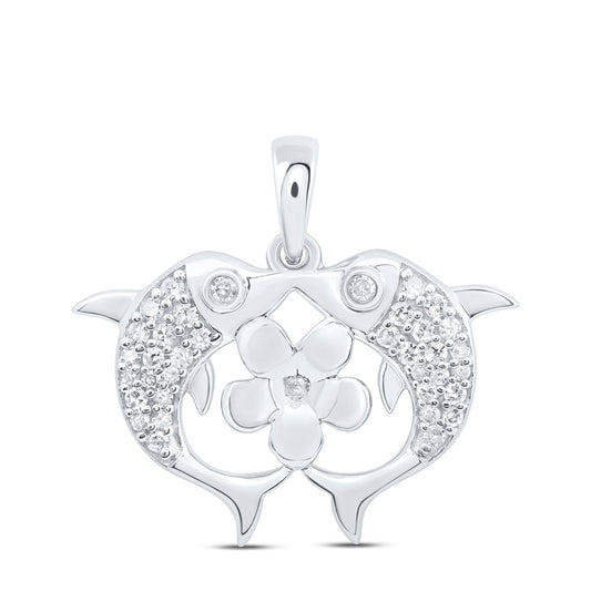 0.15 Ctw Natural Diamond Heart Shape Dolphin Kiss Flower Pendant in 10k White Gold