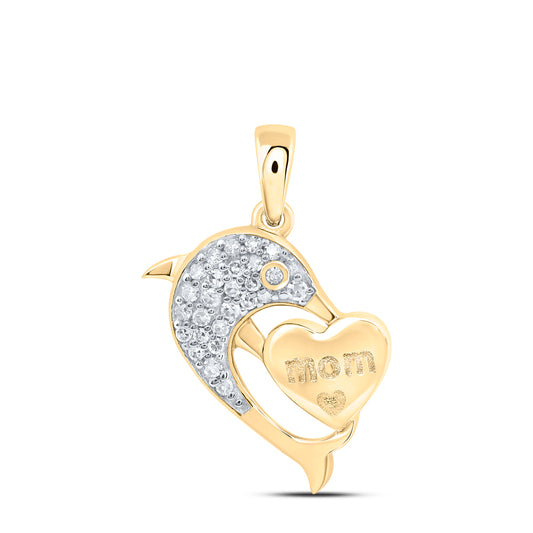 0.13 Ctw Natural Diamond Dolphin Mom Heart Pendant in 10k Yellow Gold