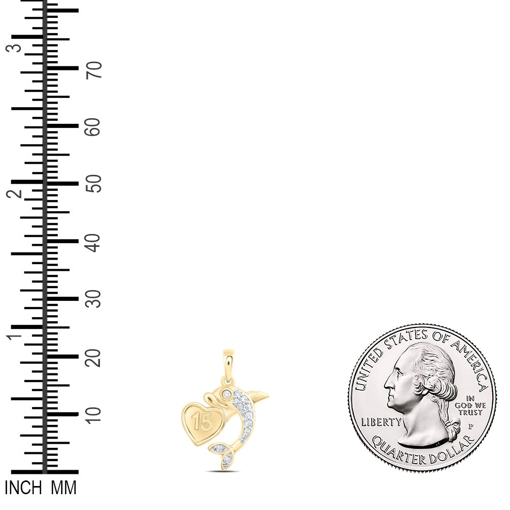 0.06 Ctw Natural Diamond 15 Anos Heart Dolphin Pendant in 10k Yellow Gold