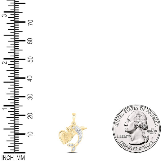 0.06 Ctw Natural Diamond 15 Anos Heart Dolphin Pendant in 10k Yellow Gold