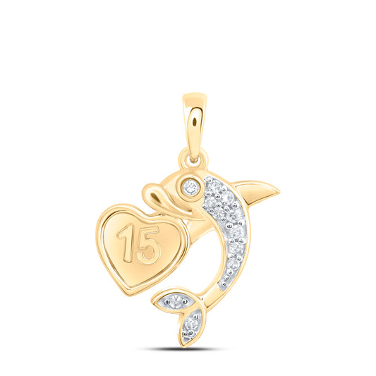 0.06 Ctw Natural Diamond 15 Anos Heart Dolphin Pendant in 10k Yellow Gold