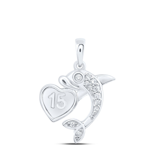 0.06 Ctw Natural Diamond 15 Anos Heart Dolphin Pendant in 10k White Gold