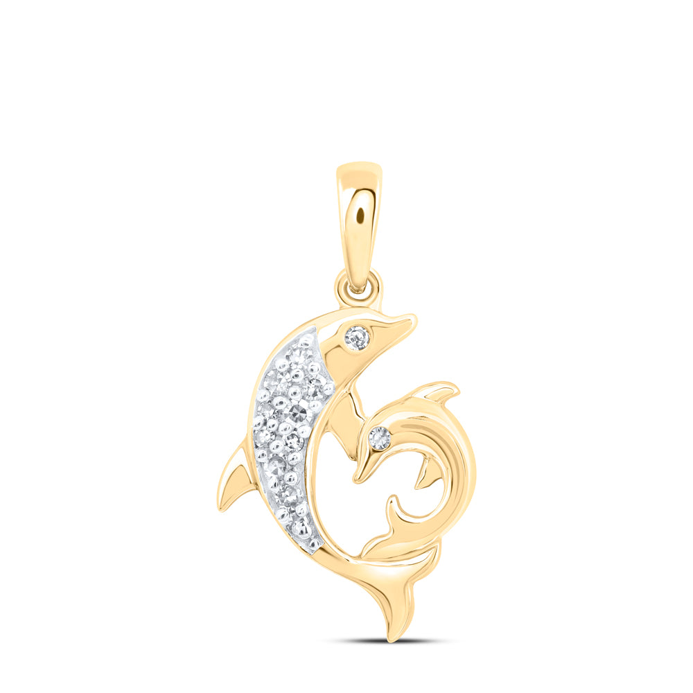 0.07 Ctw Natural Diamond Mother Child Dolphin Pendant in 10k Yellow Gold