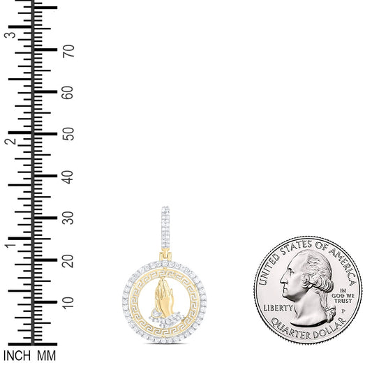 0.47 Ctw Natural Diamond Greek Medallion Praying Hand Pendant in 10k Yellow Gold