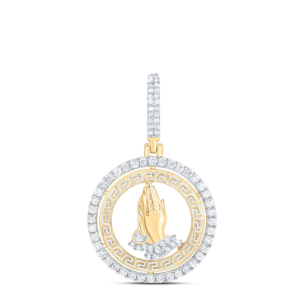 0.47 Ctw Natural Diamond Greek Medallion Praying Hand Pendant in 10k Yellow Gold