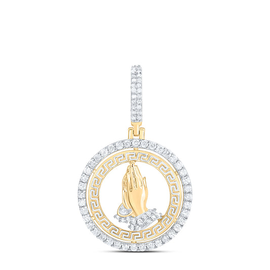 0.47 Ctw Natural Diamond Greek Medallion Praying Hand Pendant in 10k Yellow Gold