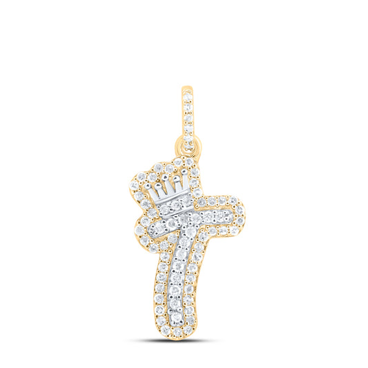 0.22 Ctw Natural Diamond Hiphop Crown Initial Letter T Pendant in 10K Yellow White