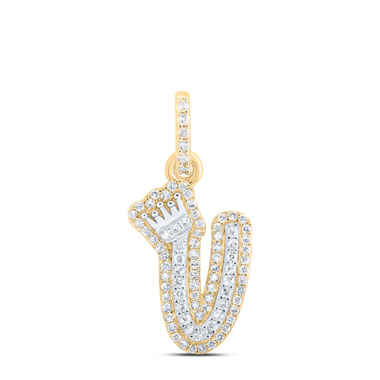 0.27 Ctw Natural Diamond Hiphop Crown Initial Letter V Pendant in 10K Yellow White