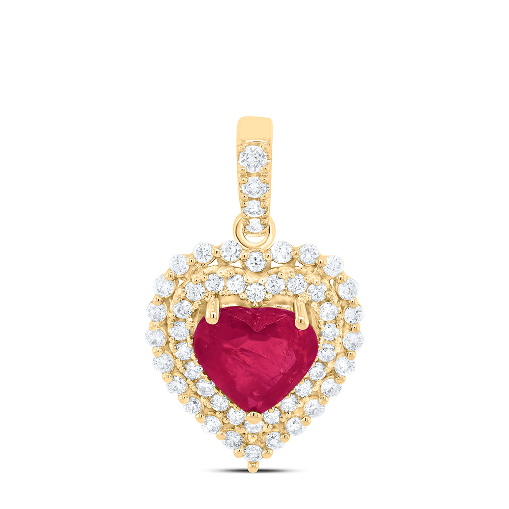 1.22 Ctw Natural Diamond Red Center Heart Pendant in 14k Yellow Gold
