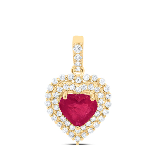 1.22 Ctw Natural Diamond Red Center Heart Pendant in 14k Yellow Gold