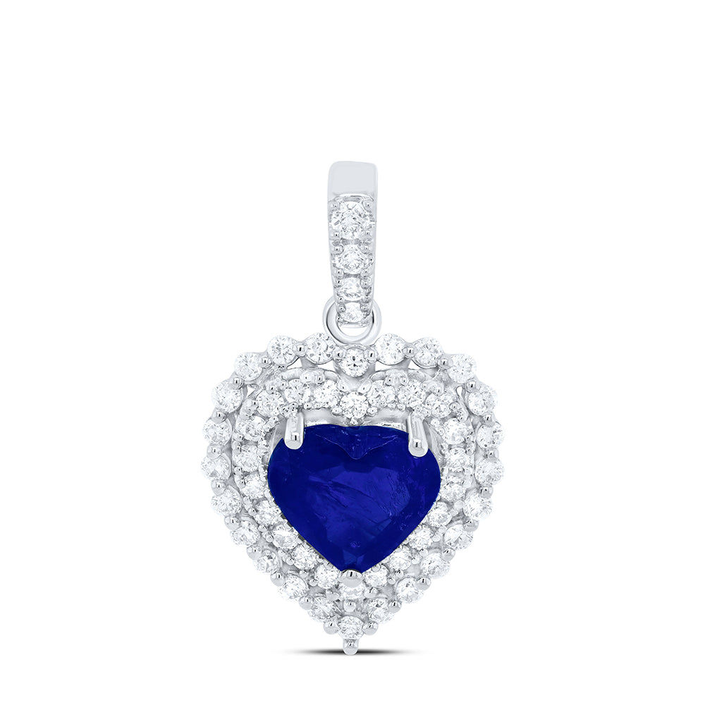 1.24 Ctw Natural Diamond Blue Center Heart Pendant in 14k White Gold