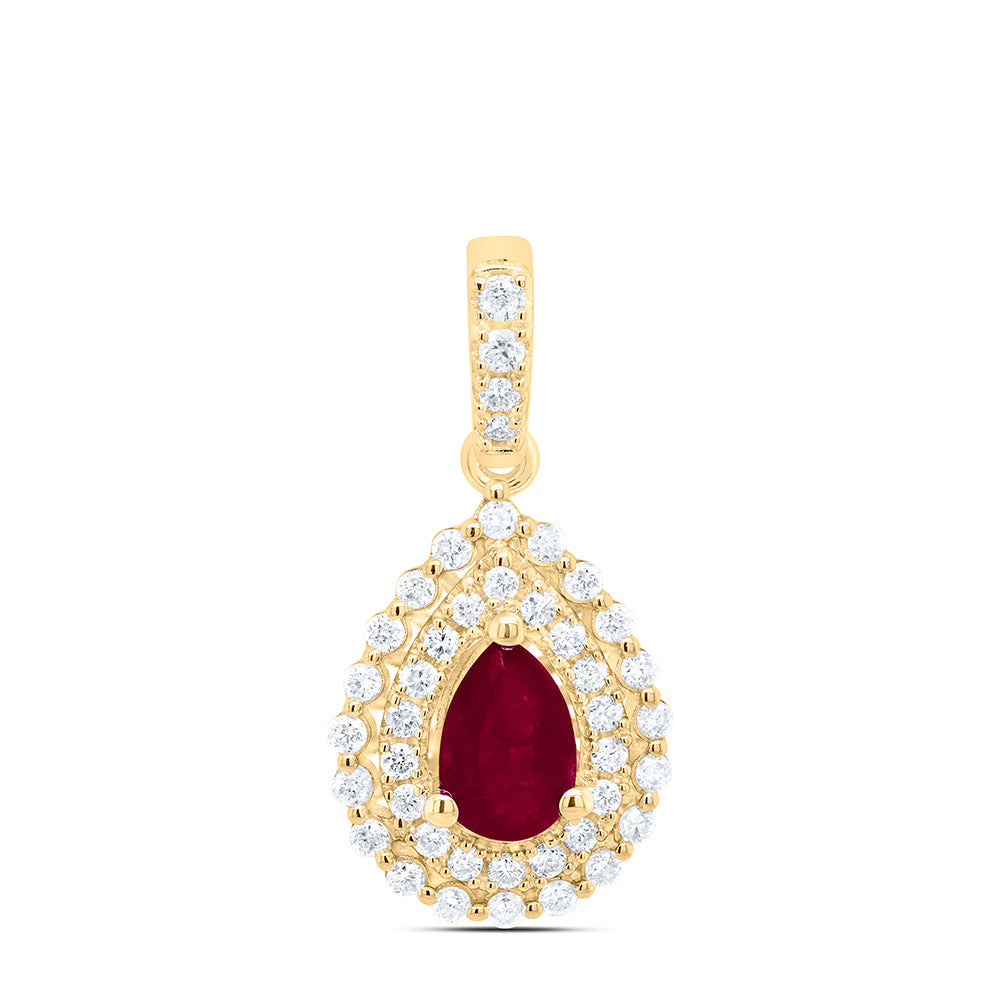 0.99 Ctw Natural Diamond Teardrop Red Pendant in 14k Yellow Gold