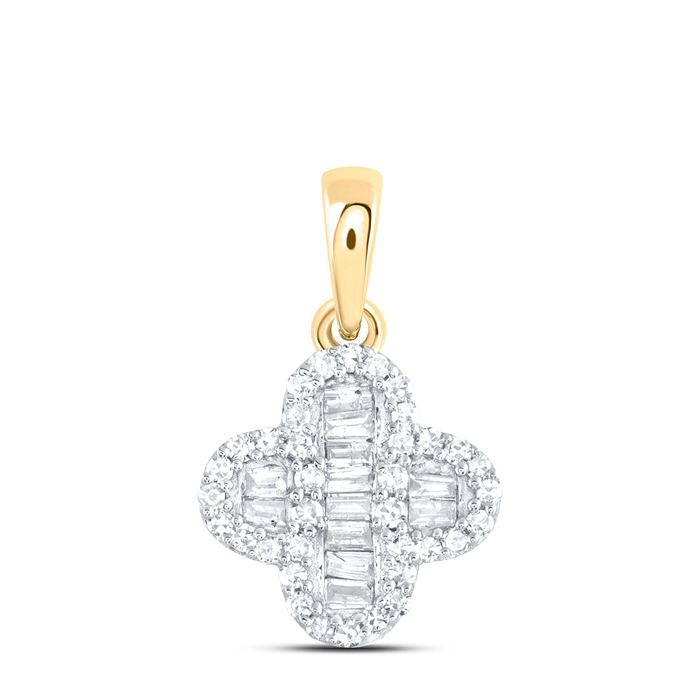 0.19 Ctw Natural Diamond Bagguett Clover Flower Pendant in 10k Yellow Gold