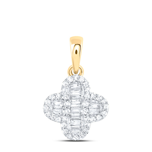 0.19 Ctw Natural Diamond Bagguett Clover Flower Pendant in 10k Yellow Gold