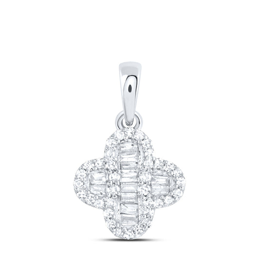 0.2 Ctw Natural Diamond Bagguett Clover Flower Pendant in 10k White Gold