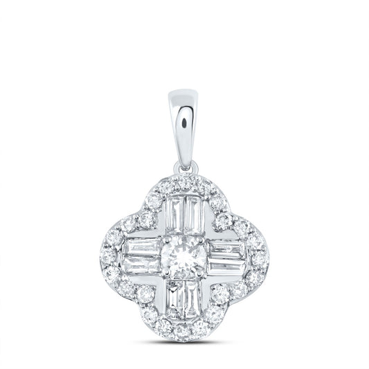 0.51 Ctw Natural Diamond Clover Flower Gift Pendant in 10k White Gold