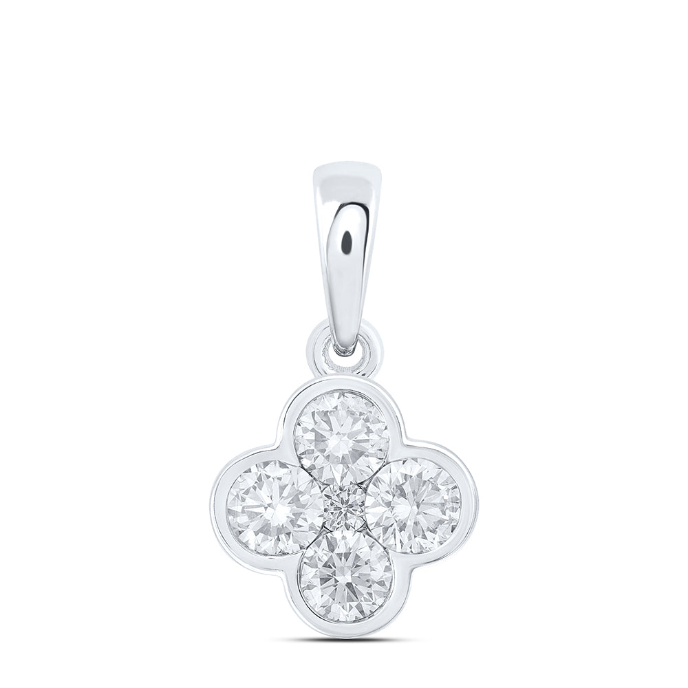 1 Ctw Natural Diamond Clover Flower Pendant in 14k White Gold