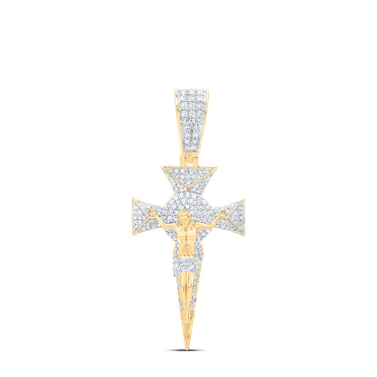 1.03 Ctw Natural Diamond Cross Crucifix Jesus Nail Pendant in 10k Yellow Gold