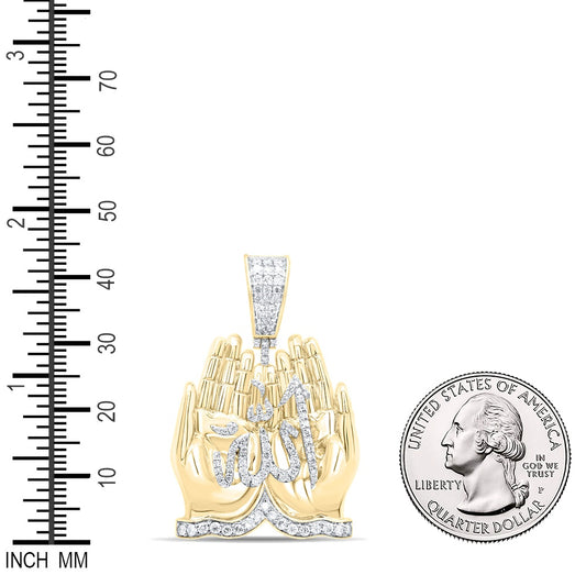 0.9 Ctw Natural Diamond Praying Hands Allah Pendant in 10k Yellow Gold