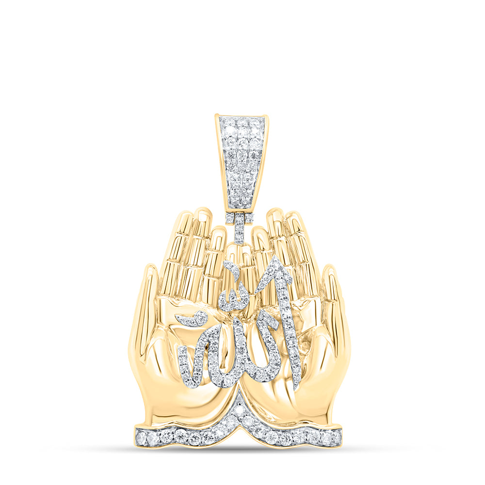 0.9 Ctw Natural Diamond Praying Hands Allah Pendant in 10k Yellow Gold