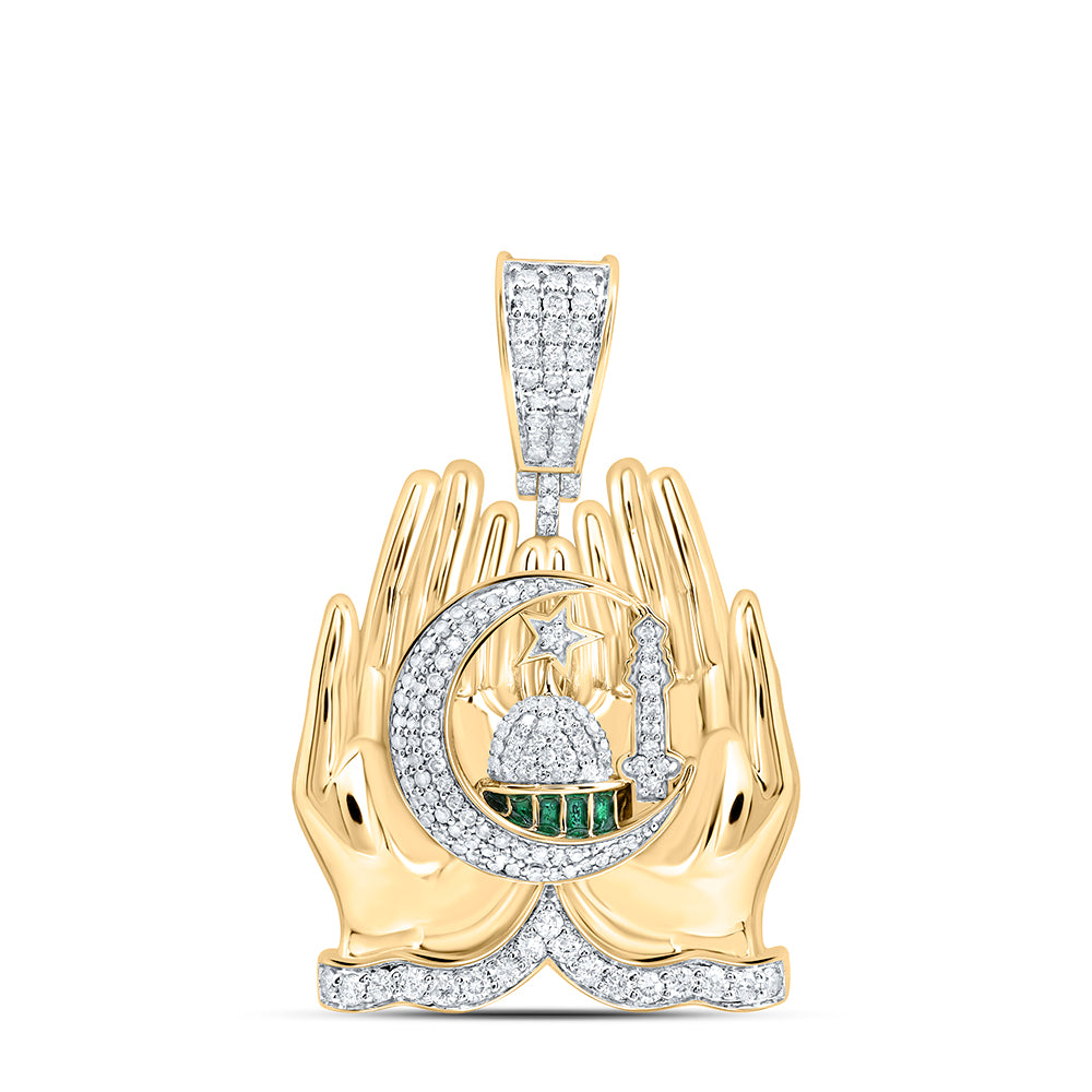 1.02 Ctw Natural Diamond Praying Hands Moque Moon Star Pendant in 10k Yellow Gold