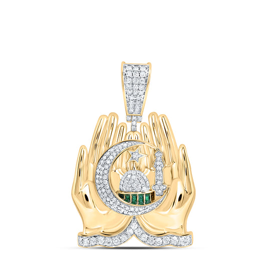 1.02 Ctw Natural Diamond Praying Hands Moque Moon Star Pendant in 10k Yellow Gold