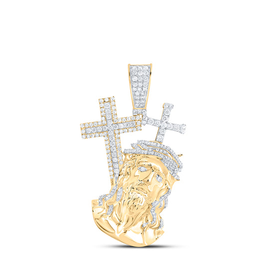 1.36 Ctw Natural Diamond Jesus Face Head Cross Pendant in 10k Yellow Gold