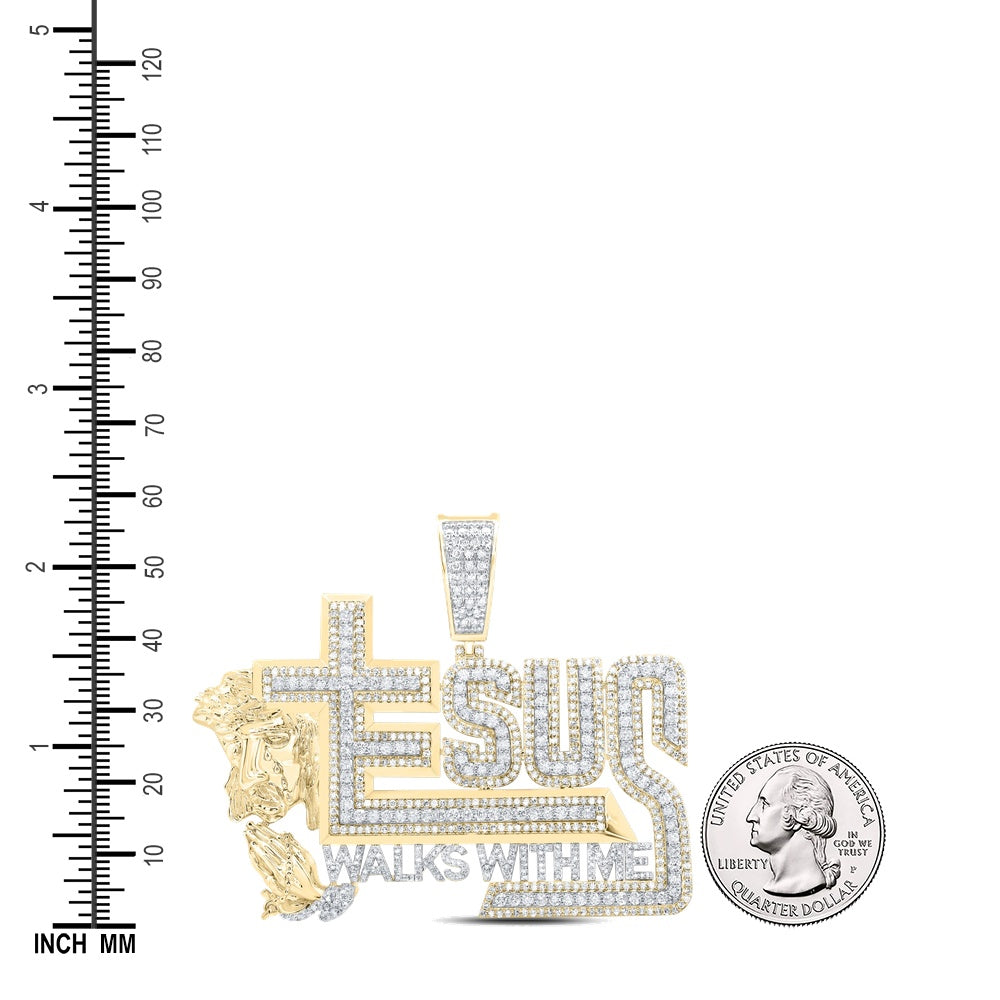 5.35 Ctw Natural Diamond Jesus Walks With Me Cross Praying Hand Pendant in 10k Yellow Gold