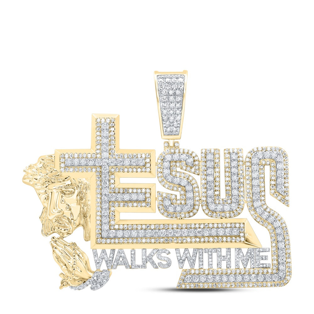 5.35 Ctw Natural Diamond Jesus Walks With Me Cross Praying Hand Pendant in 10k Yellow Gold