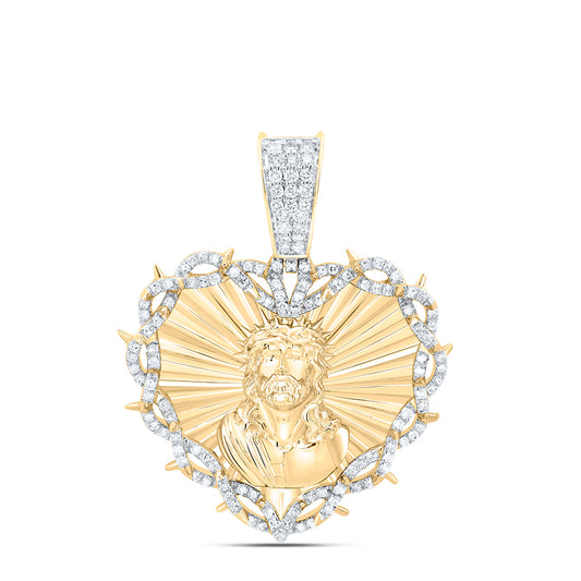 0.8 Ctw Natural Diamond Heart Jesus Face Head Pendant in 10k Yellow Gold