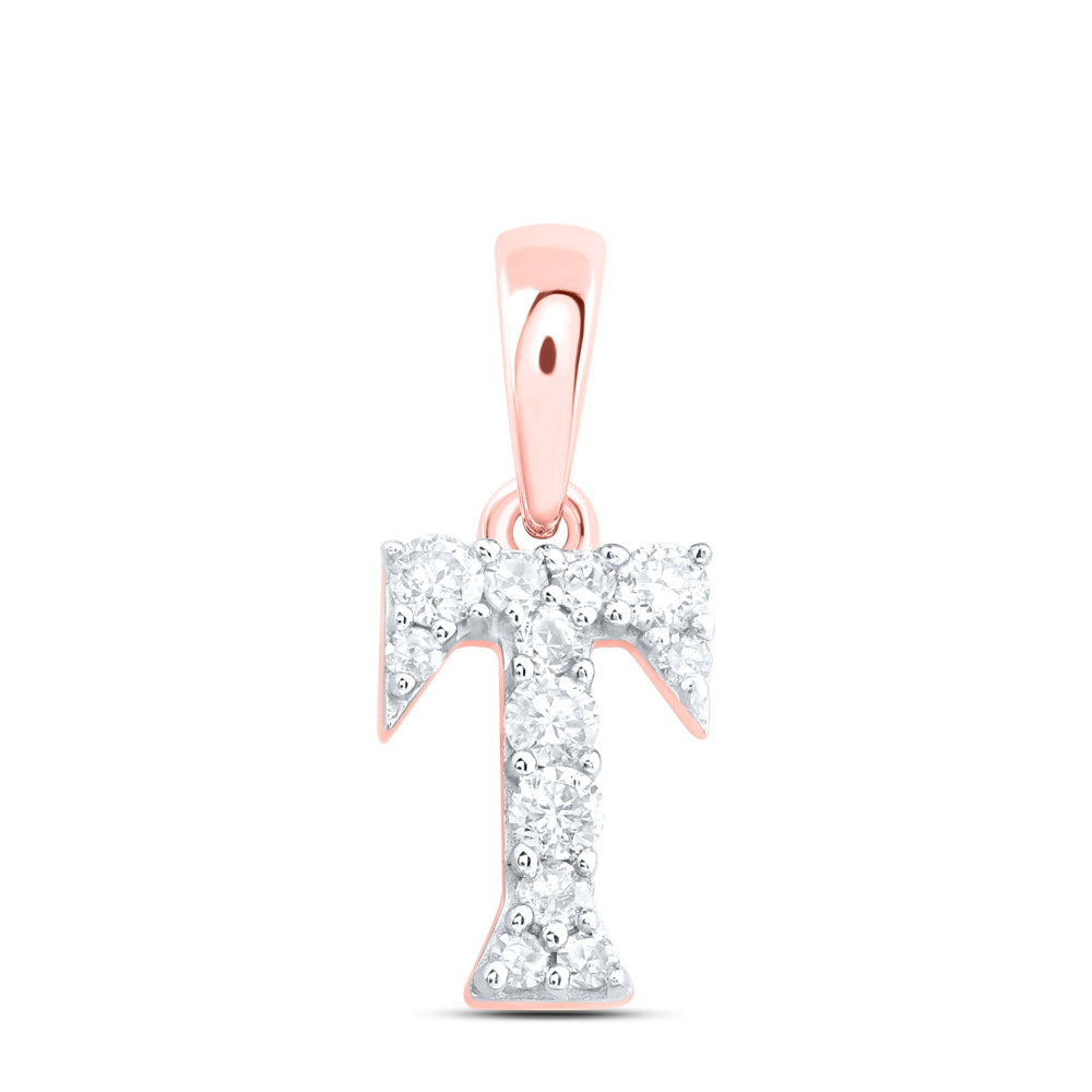 0.11 Ctw Natural Diamond Tiny Block Initial Letter T Pendant in 10k Rose Gold