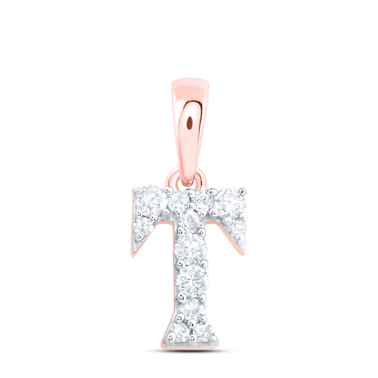 0.11 Ctw Natural Diamond Tiny Block Initial Letter T Pendant in 10k Rose Gold