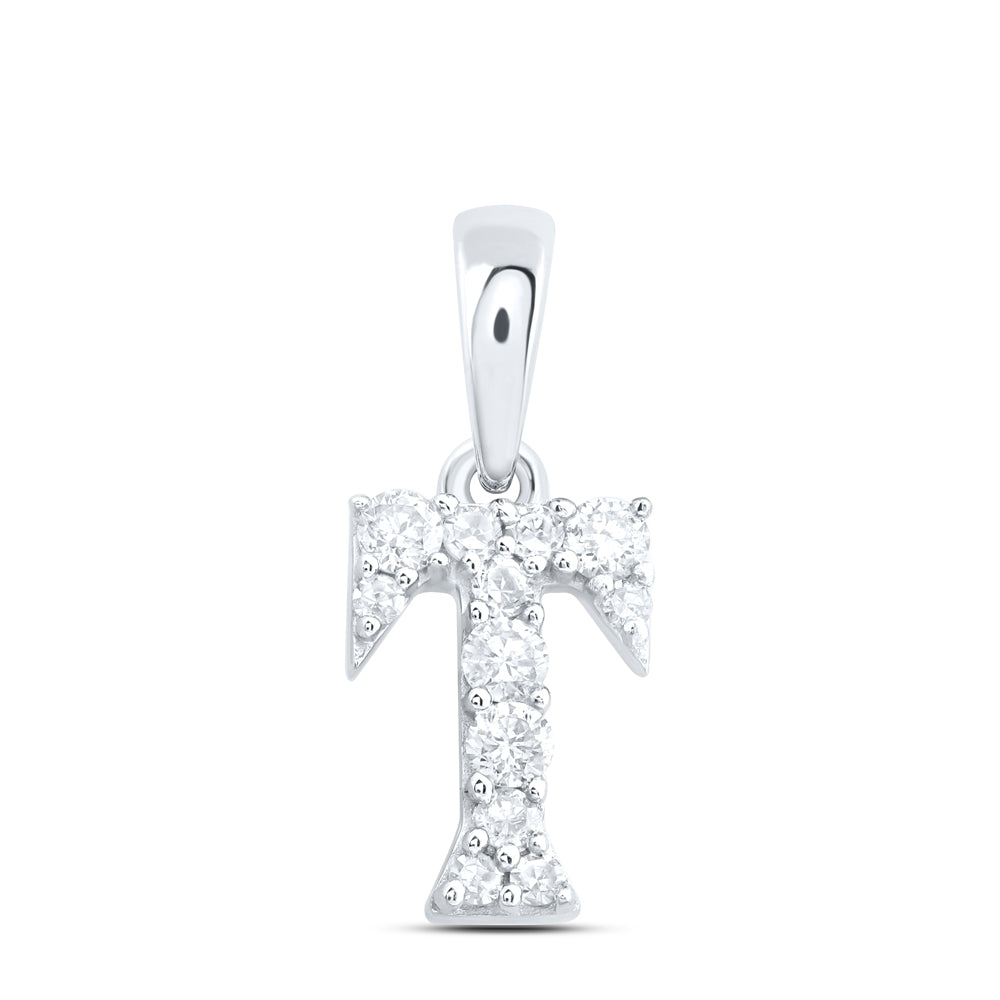 0.11 Ctw Natural Diamond Tiny Block Initial Letter T Pendant in 10k White Gold