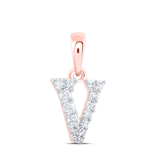 0.13 Ctw Natural Diamond Tiny Block Initial Letter V Pendant in 10k Rose Gold