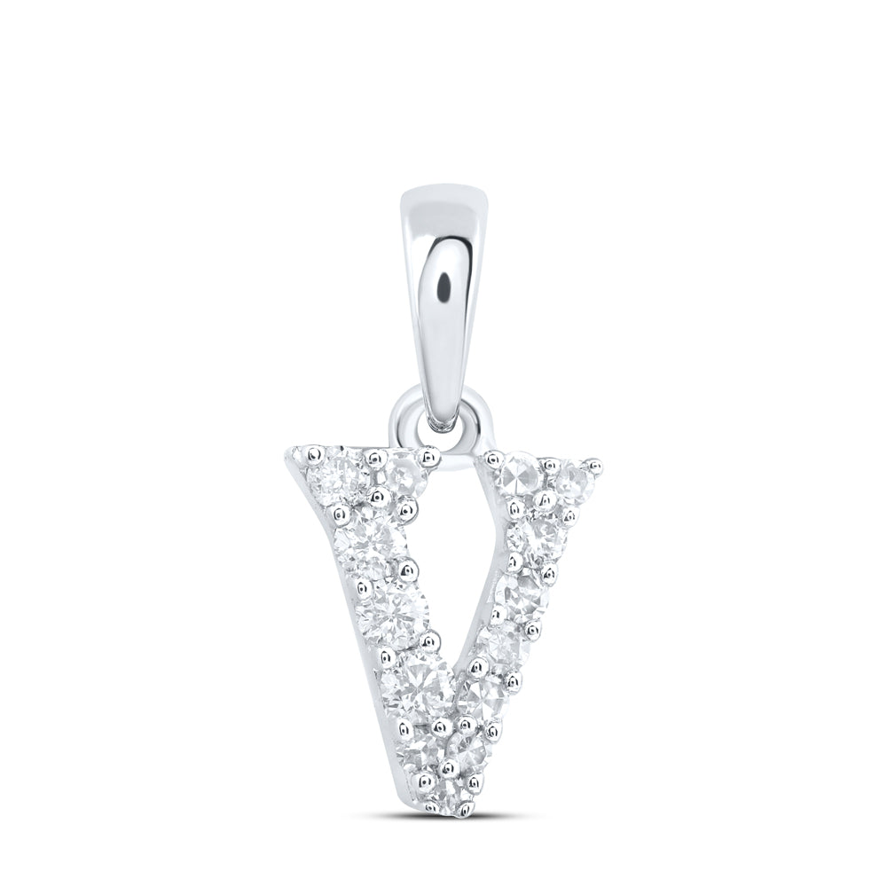 0.12 Ctw Natural Diamond Tiny Block Initial Letter V Pendant in 10k White Gold