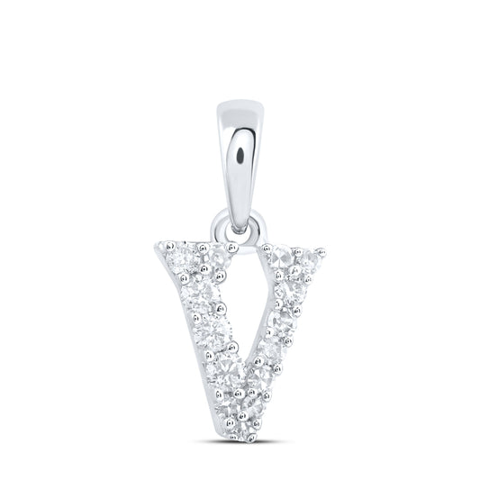 0.12 Ctw Natural Diamond Tiny Block Initial Letter V Pendant in 10k White Gold