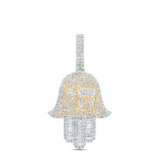2.4 Ctw Natural Diamond Chai Life Hamza Pendant in 10k Yellow Gold