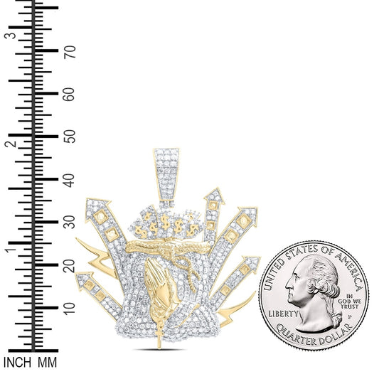 2.85 Ctw Natural Diamond Praying Hand Dollar Cross Lighting Pendant in 10k Yellow Gold