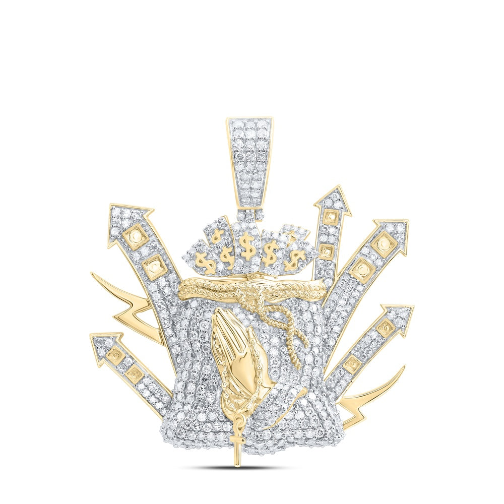 2.85 Ctw Natural Diamond Praying Hand Dollar Cross Lighting Pendant in 10k Yellow Gold