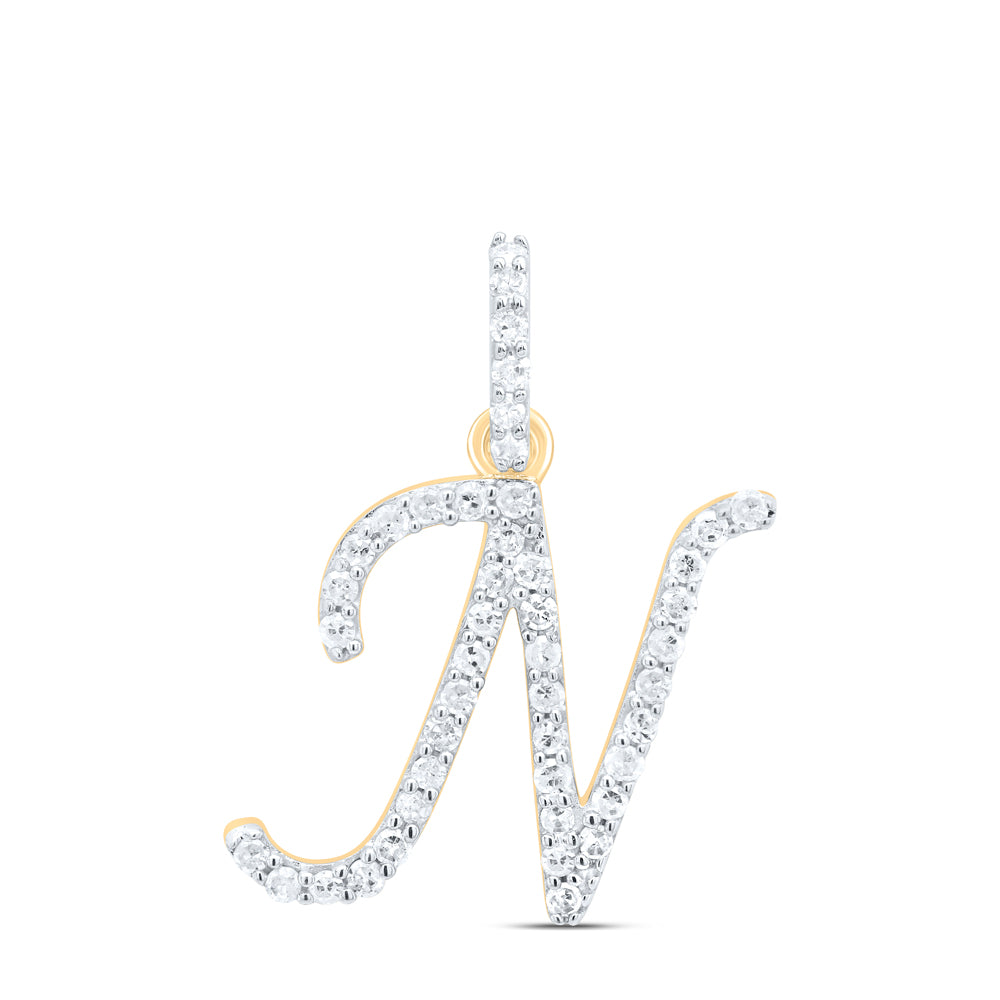 0.2 Ctw Natural Diamond Itallic Initial Letter N Pendant in 10k Yellow Gold